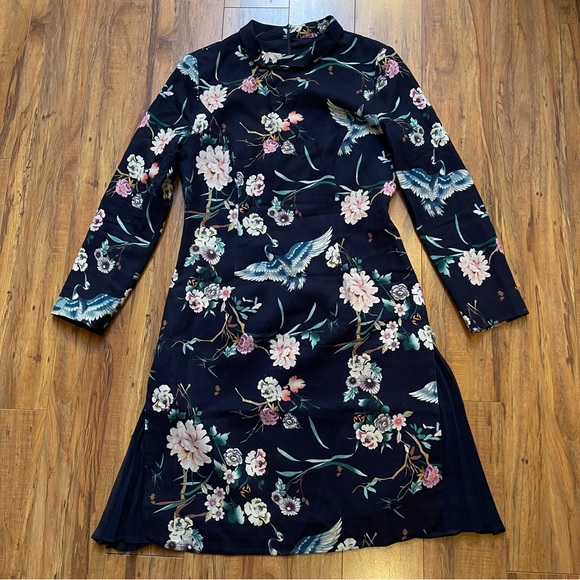 Oriental Floral Wool Longsleeve Dress Size M - Picture 1 of 16